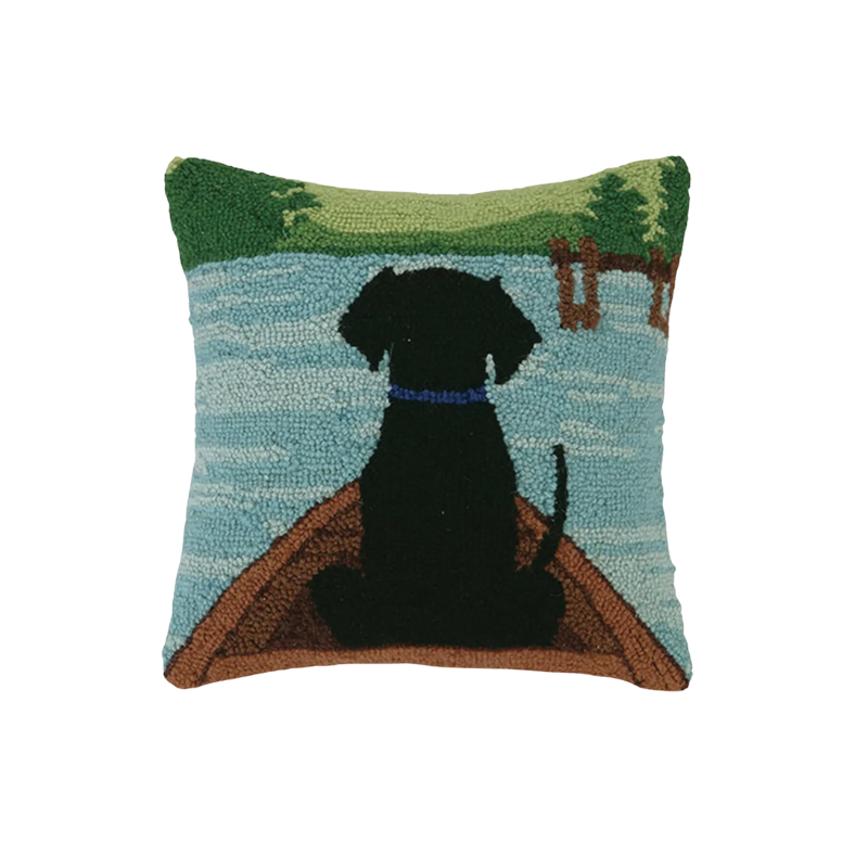 Black Dog in Canoe Hook Pillow