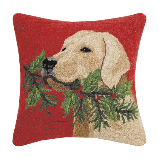 Golden Lab Dog with Holly Branch Hook Pillow - Christmas